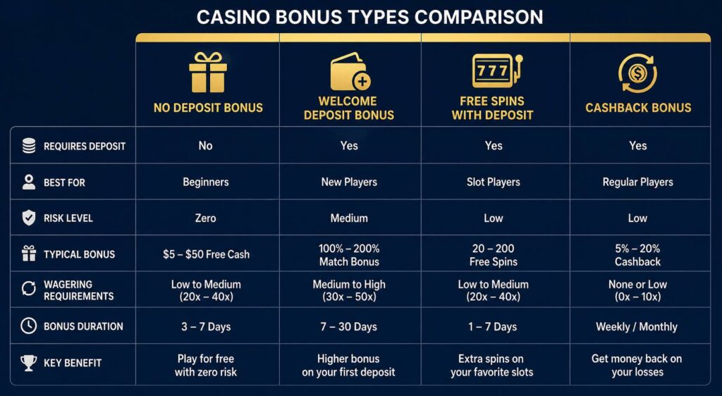 No deposit bonus compared to welcome bonus, free spins, and cashback bonus