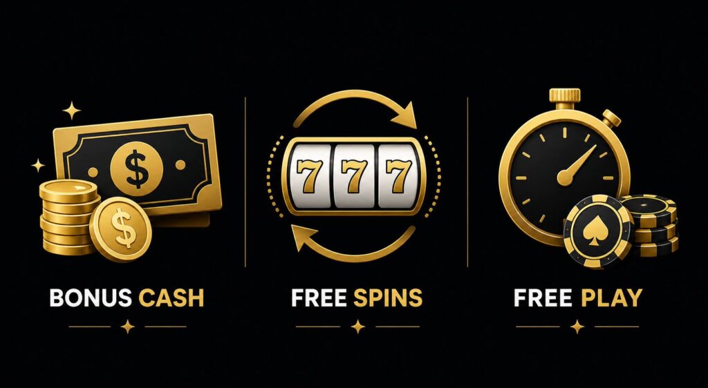 Three types of no deposit bonuses — free cash, free spins, and free play credits explained