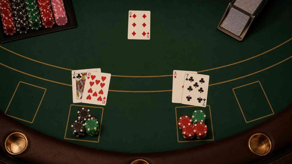 A blackjack table showing cards and chips representing skill based strategy in casino games