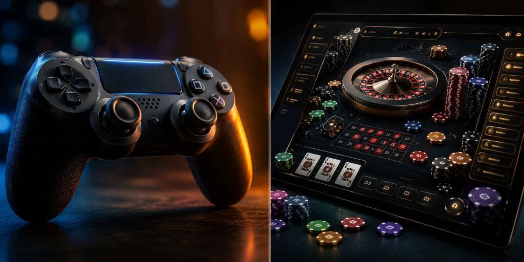 A split scene showing a game controller and online casino interface representing the crossover from console gaming to online casinos