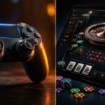A split scene showing a game controller and online casino interface representing the crossover from console gaming to online casinos