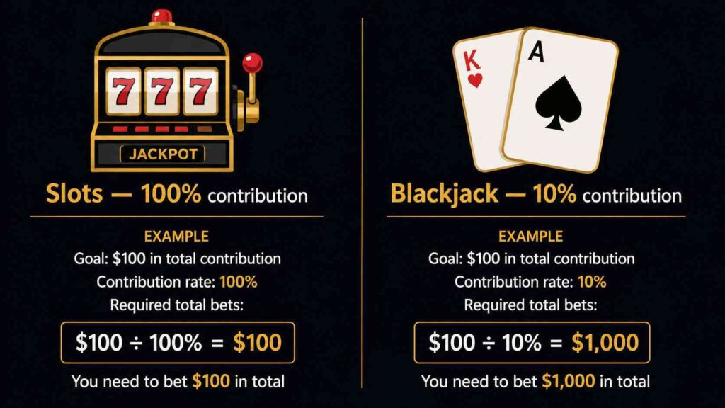 Game contribution rates for wagering requirements — slots vs table games