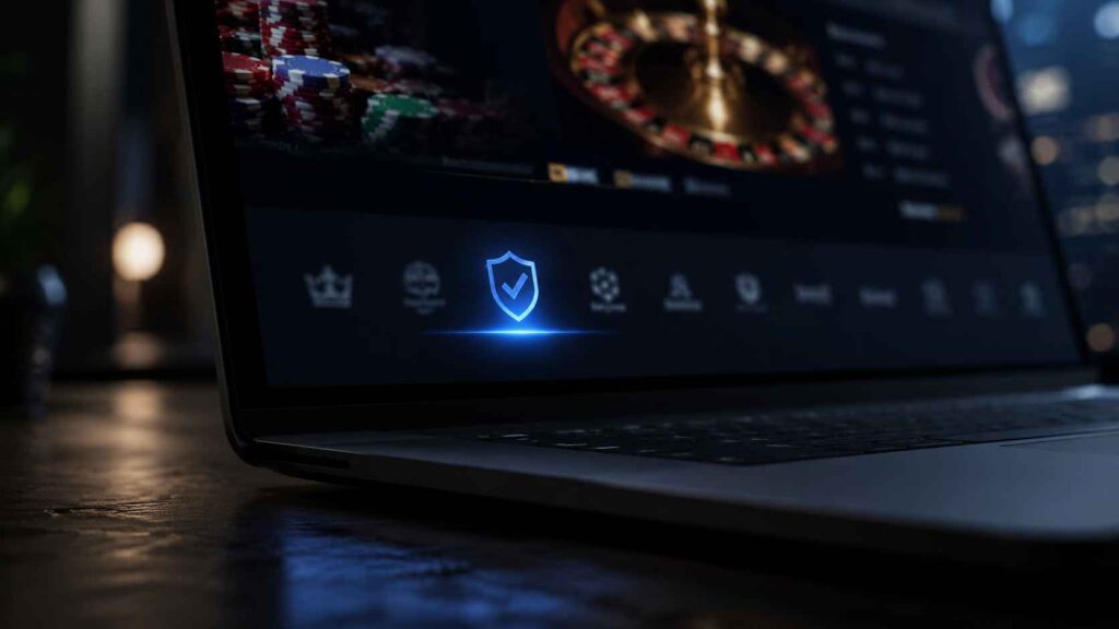 A laptop showing a casino website footer with a highlighted licence badge representing how to verify a casino licence in Europe