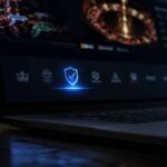 A laptop showing a casino website footer with a highlighted licence badge representing how to verify a casino licence in Europe