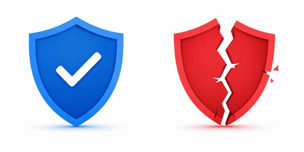A flat design illustration comparing a licensed casino shield with a verified checkmark against a cracked unlicensed casino shield