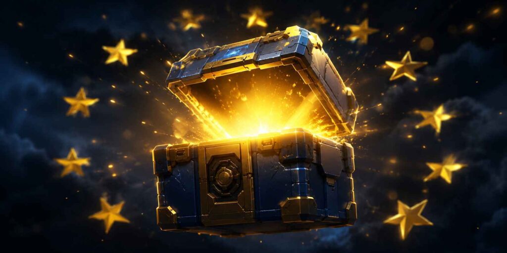 A glowing loot box opening with EU stars in the background representing European regulation of loot boxes in gaming