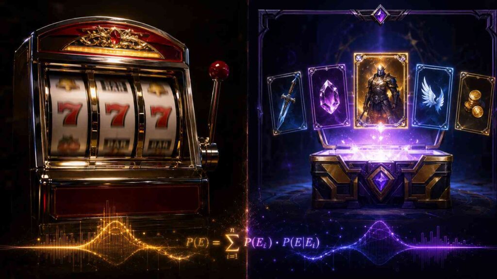 A side by side comparison of a casino slot machine and a video game loot box showing their identical underlying mechanics