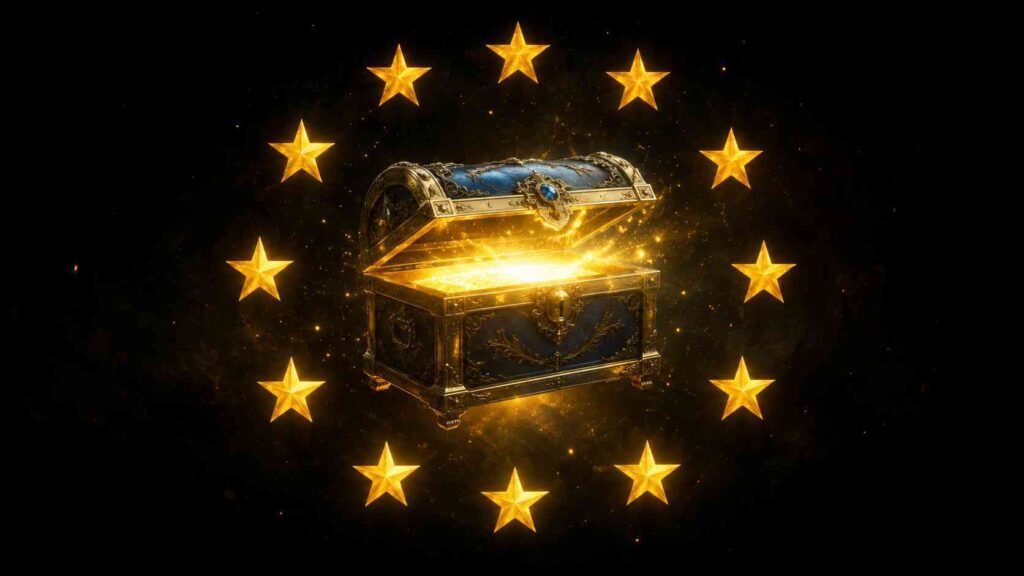 A glowing loot box surrounded by European Union stars representing EU regulation of loot boxes as gambling