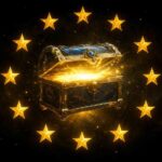 A glowing loot box surrounded by European Union stars representing EU regulation of loot boxes as gambling