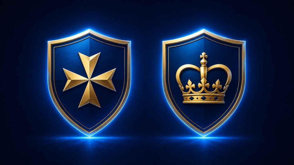 Two shield emblems representing the Malta Gaming Authority and UK Gambling Commission as trusted European casino regulators