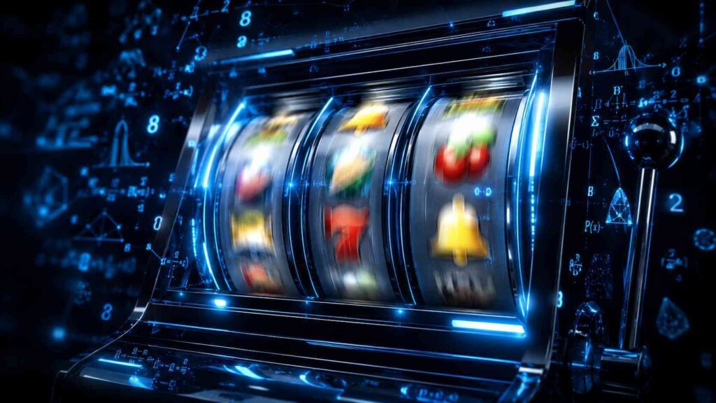 A slot machine displaying random number generator results representing pure chance casino games