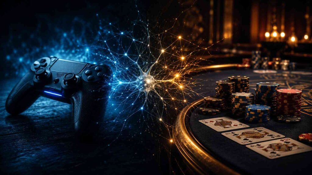 A game controller and casino table connected by a neural network representing skill vs chance in casino games