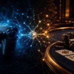 A game controller and casino table connected by a neural network representing skill vs chance in casino games