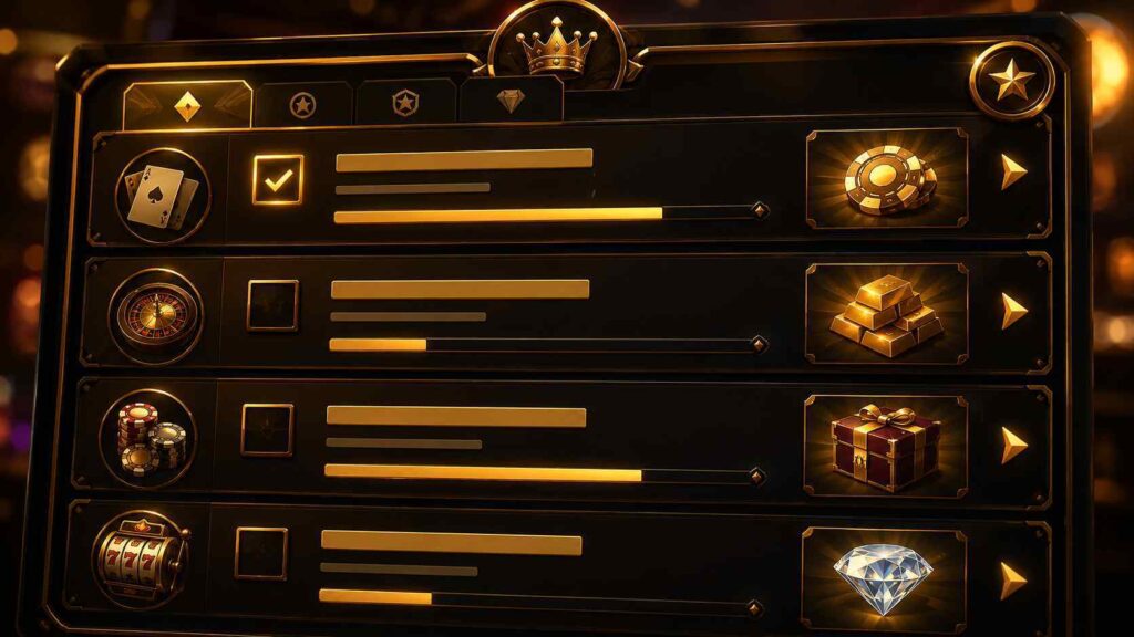 A casino missions board showing quest style objectives representing gamified casino promotions