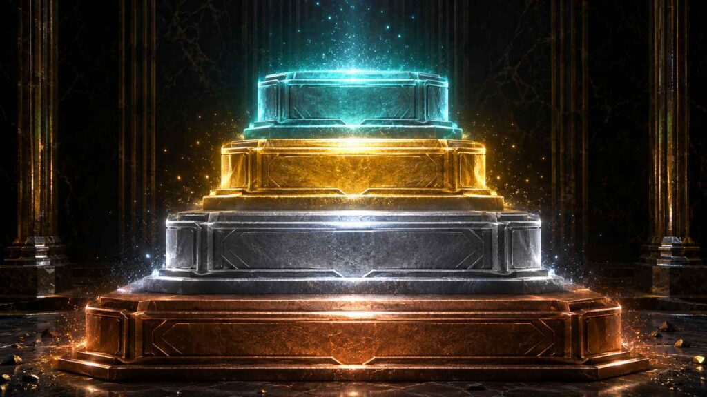 A glowing tier ladder showing Bronze Silver Gold Platinum VIP levels representing casino status architecture