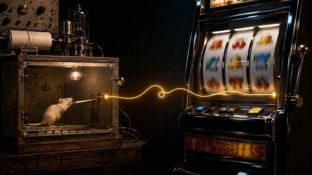 A split image showing Skinner's operant conditioning research connected to a slot machine representing variable ratio reinforcement