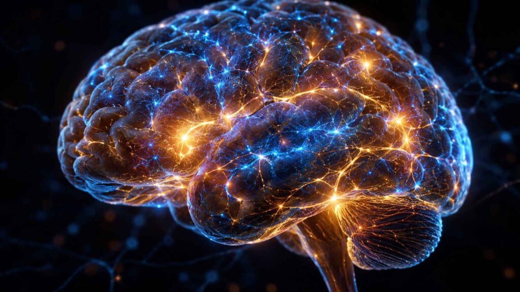 A glowing human brain with neural reward pathways representing variable ratio reinforcement psychology in gaming and gambling