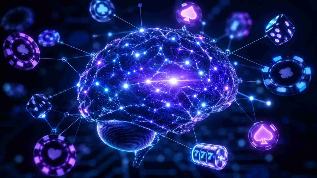 A glowing digital brain surrounded by casino game data points representing AI personalisation in online casinos