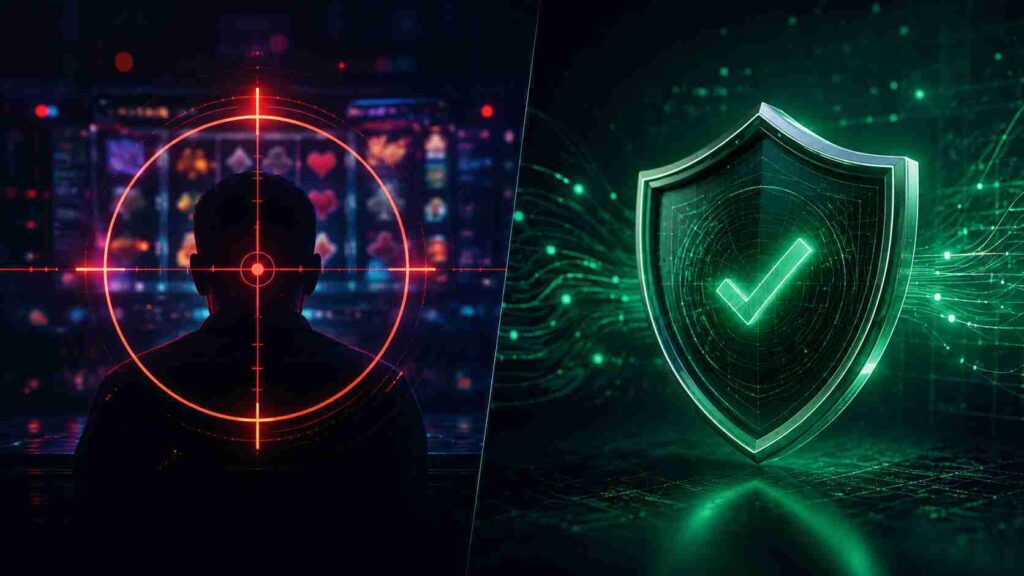 A split image showing casino AI retention mode and harm detection mode representing the two sides of AI personalisation