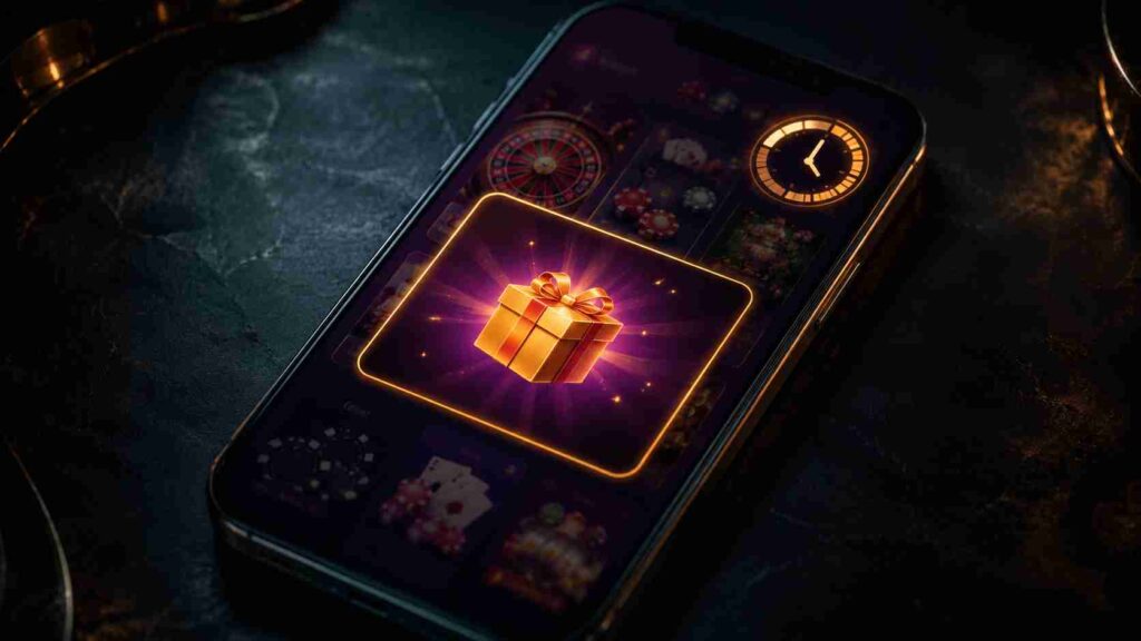 A smartphone showing a casino bonus notification representing AI timed bonus offers in online casinos