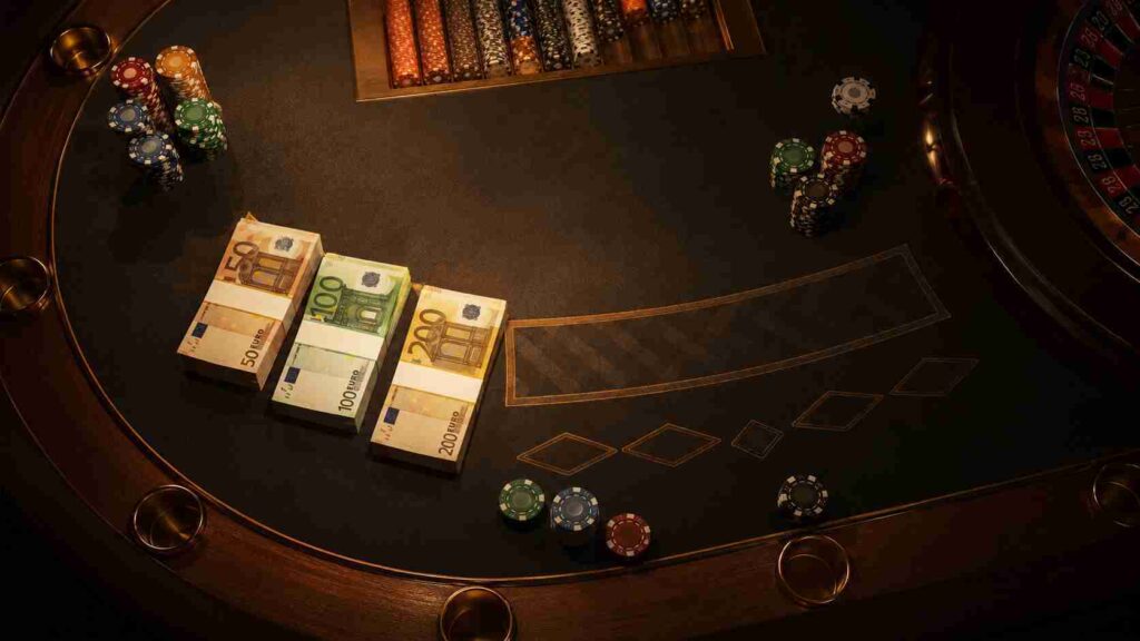 Euro banknotes and casino chips on a blackjack table representing real money stakes in online casino gambling