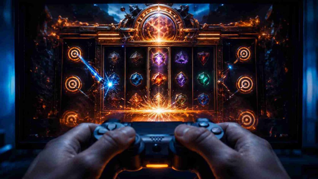 Hands on a gaming controller with a skill based slot bonus round on screen representing interactive mechanics in modern video slots