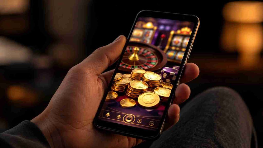 A hand holding a smartphone with a social casino app showing virtual currency representing social casino gameplay
