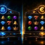 Two identical slot interfaces side by side showing virtual currency and real money representing the difference between social and real money casinos