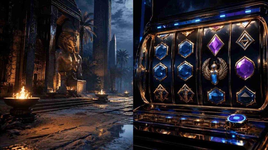 A split screen showing a console game environment and a modern video slot with identical visual quality representing how slots are built like console games